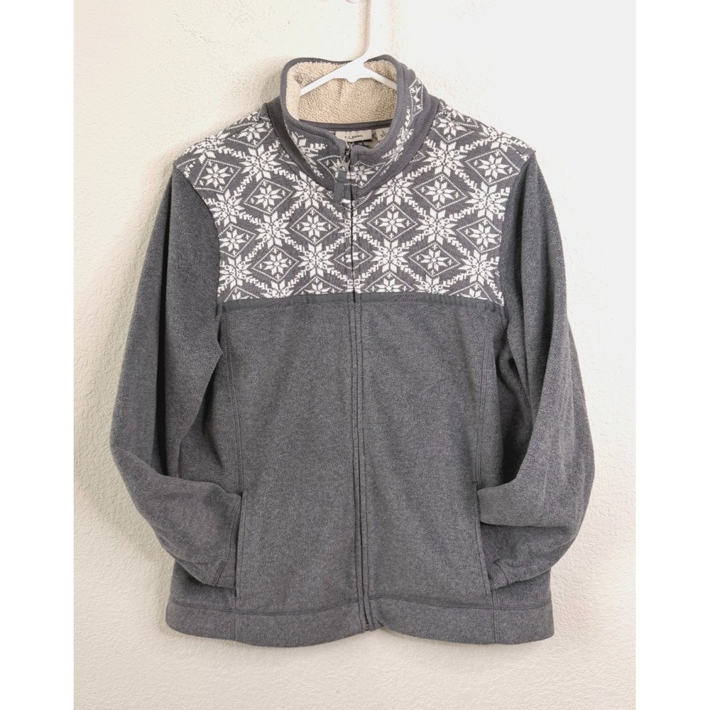 LL Bean Sweater Fleece Jacket Women's L Gray Fair Isle Full Zip Outdoor Gorpcore